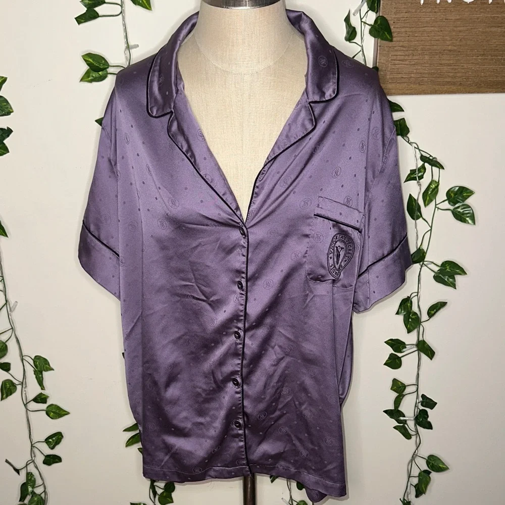 Victoria’s Secret Silky Style Button Up Pajama Shirt Purple Polka Dot